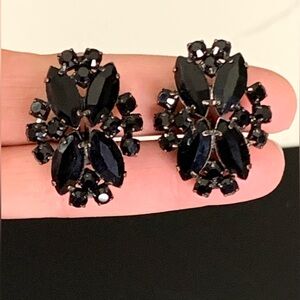 Brand Realities Vintage Black Crystal Cluster Clip-On Earrings / 34mm